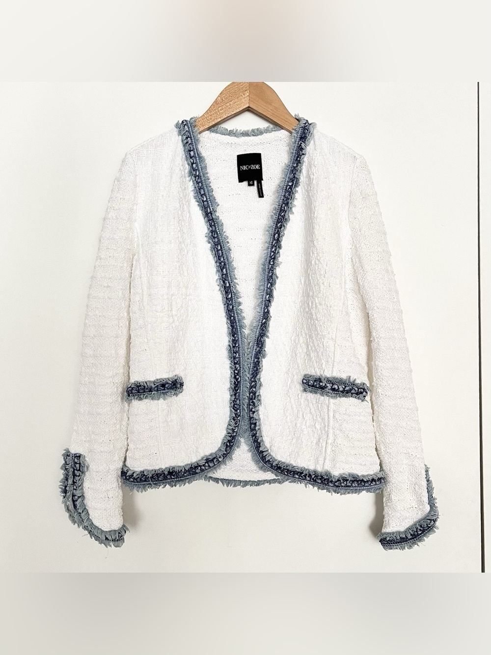Nic+Zoe Bright Side Women's Fringed Tweed Blazer Jacket XS White Blue Cropped